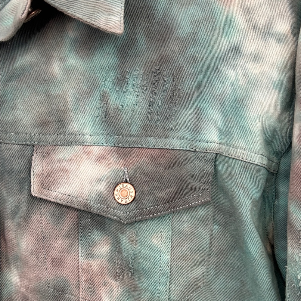Oddy Teal Gray Tie‑Dye Distressed Denim Jacket Plus 2X/3X NWT - Picture 3 of 11